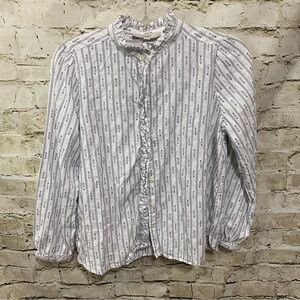 LOFT White Embroidered Ruffle Button Up Top